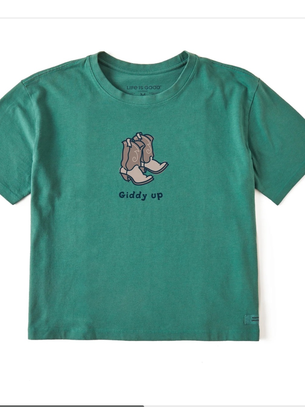 NWT Life Is Good Giddy Up Cowboy Boots Crusher Boxy Tee